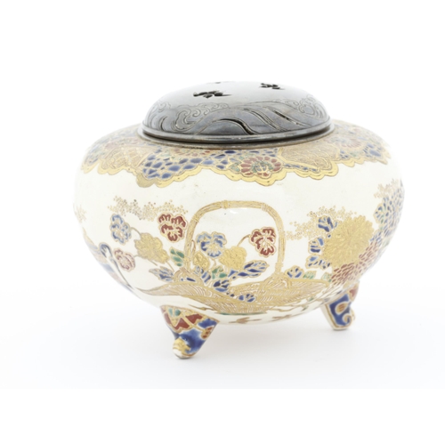 197 - Artist: Kizan in Satsuma (est. 1836)
Title: Satsuma incense burner with pierced metal cover
Date: la... 