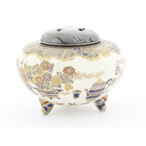 197 - Artist: Kizan in Satsuma (est. 1836)
Title: Satsuma incense burner with pierced metal cover
Date: la... 