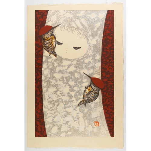 292 - Artist: Kaoru Kawano (1916-1965)
Title: Mythical Tree - Girl and Woodpeckers
Date: c. 1950s
Size: 42... 