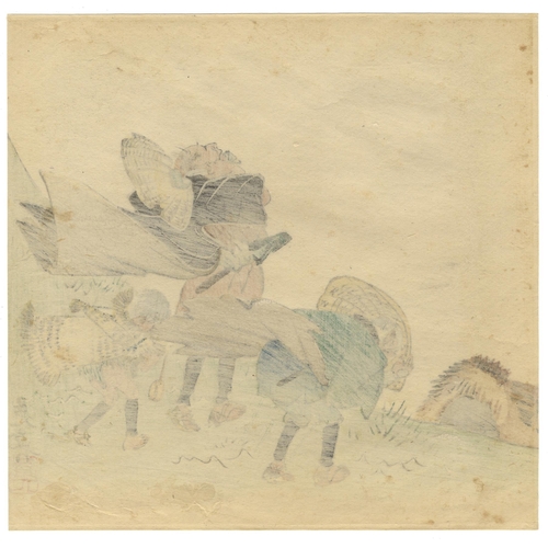 129 - Artist: Zeshin Shibata (1807 - 1891)
Title: Three travellers caught in the wind
Date: late 19th cent... 