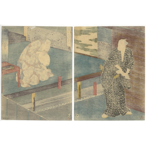 174 - Set of 2 prints:
Artist: Hirosada Konishi (Active in 1819-1863)
Title: Kabuki Play, Shigure no Karak... 