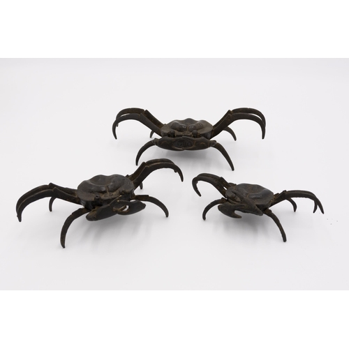 59 - * Three Bronze Crabs
Date: Meiji (1868-1912)
Size: (1) 4.5 x 14 x 7, (2) 5 x 16.5 x 8, (3) 6 x 19 x ... 