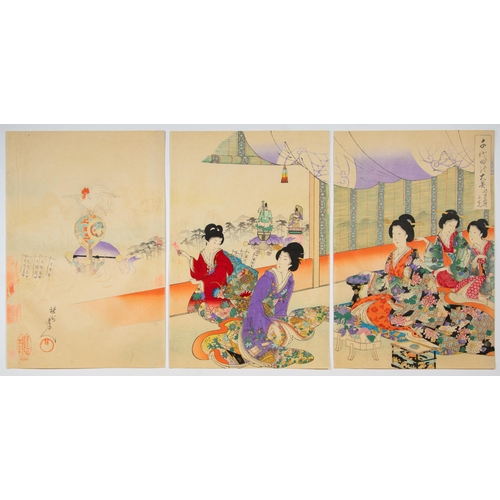 120 - Artist: Chikanobu Yoshu (1838-1912)
Title: Ladies Enjoying a stroll in the garden / Noble Ladies' At... 