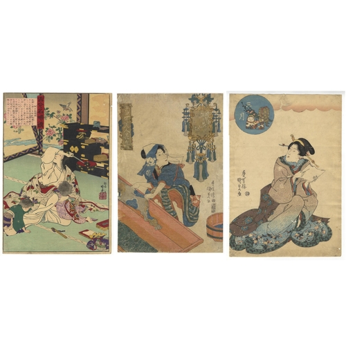 41 - Set of 3 prints:
Artist: Ginko Adachi (1853-1902) / Toyokuni III Utagawa (1786-1865) / Kunisada I Ut... 