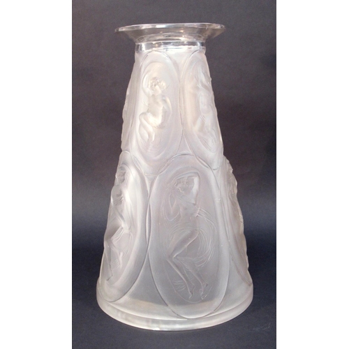 99 - R. LALIQUE CAMEES FROSTED GLASS VASE, NO. 891, OF TAPERING CYLINDRICAL FORM DECORATED IN RELIEF WITH... 