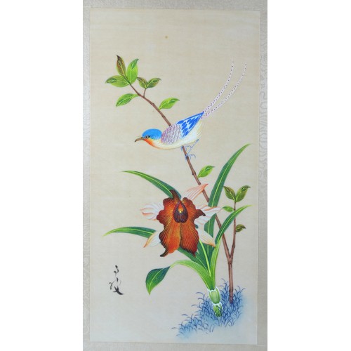 42 - Japanese School. Peony and other flowers with a butterfly, watercolour on silk, signed, 40.2 x 22.2c... 