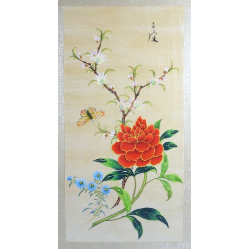 42 - Japanese School. Peony and other flowers with a butterfly, watercolour on silk, signed, 40.2 x 22.2c... 