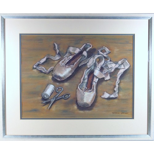 94 - Patricia Garner, still life, ballet pumps, signed, pastel, 28.5 x 38.5cm