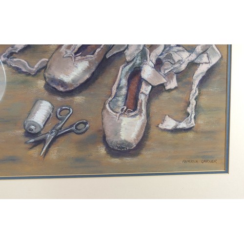 94 - Patricia Garner, still life, ballet pumps, signed, pastel, 28.5 x 38.5cm