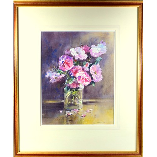 97 - Gerry Ball (b 1948), Still life, “Damask Roses” (Celsiana), signed, watercolour, 34 x 26.5cm