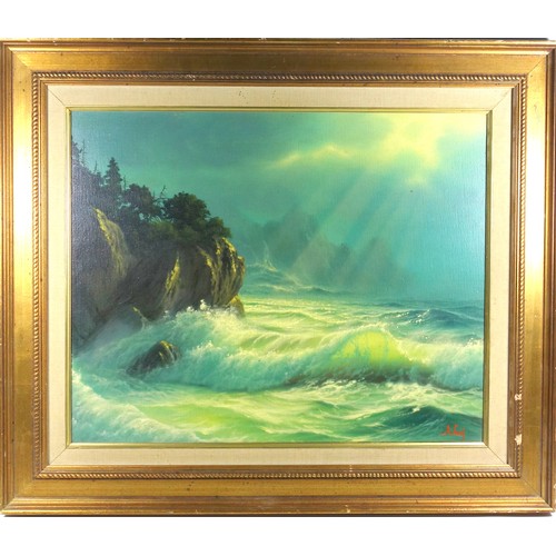 105 - A. Casey, coastal scene with waves crashing on the shore, signed, oil on canvas, 39 x 49.5cm