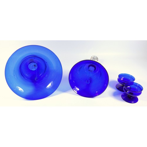 175 - Two cobalt blue and clear glass 'Wedding bells', tallest 33 cm and a pair of Hadeland glass salts, d... 