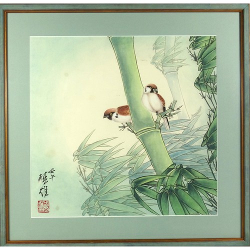 33 - Chinese School, bird flying above a flowering tree, signed, watercolour on silk, 39.8 x 29.7cm, two ... 