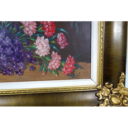 131 - De Bal, Still Life, Carnations and other flowers, signed, oil on canvas 28 x 38cm and a French engra... 