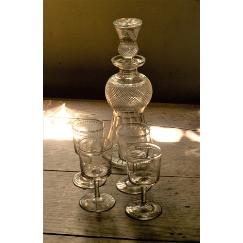 50 - Scottish thistle form decanter engraved with thistles, height 30 cm, and four wine glasses engraved ... 