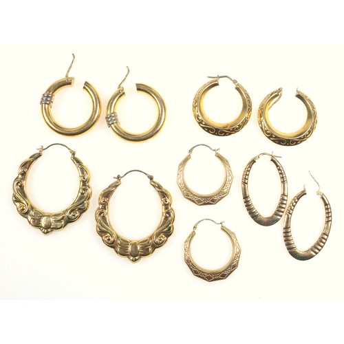 4 - Gold earrings, five pairs of gold hoop earrings, all 9 ct largest 4.2 cm, weight 18 grams