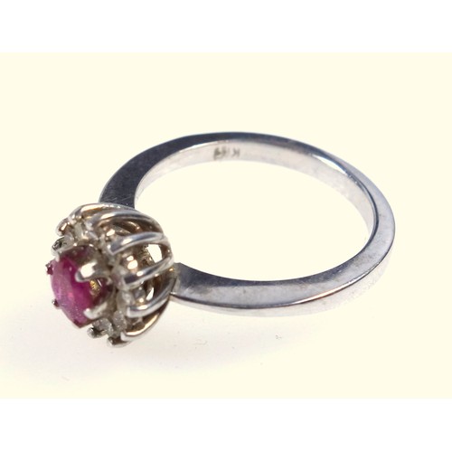 10 - Vintage ruby and diamond cluster ring, in 18 ct white gold, ring size M, 3.7 grams