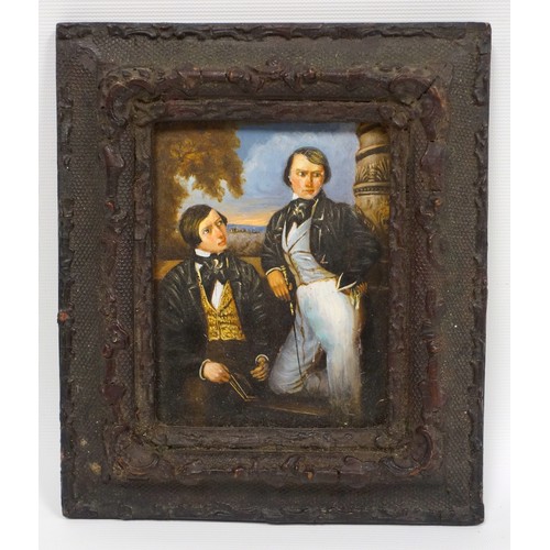 99 - 19th C. continental oil on copper, two young gentleman,  oil on board of a trapped bird, a hunting s... 