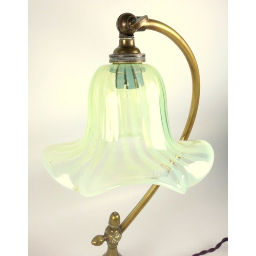 502 - Brass table desk lamp with acorn finial and vaseline shade, C.1900, height 40cm