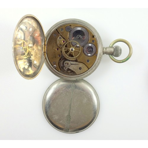 399 - Two military watches, Leonides pocket watch, with seconds dial, chromium plate case, engraved on rev... 
