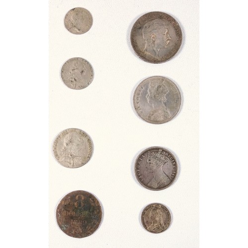 10 - George III Crowns 1819, 1820, shilling, 1787, 6d 1787, Maundy 3d 1762, Victoria florin, 1849, India ... 