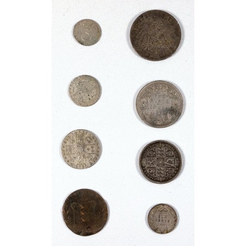 10 - George III Crowns 1819, 1820, shilling, 1787, 6d 1787, Maundy 3d 1762, Victoria florin, 1849, India ... 