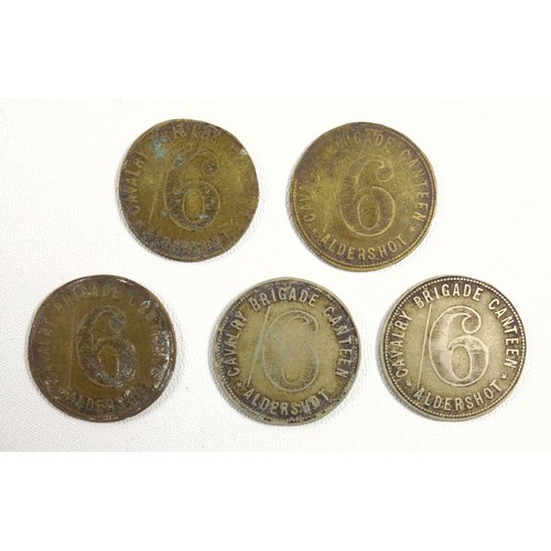 37 - Five Cavalry Brigade Canteen, Aldershot, 6d tokens, 30mm (one filed smaller), Louis XIII brass pisto... 