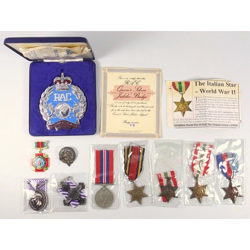 47 - George VI stars, 1939-45, Italy (2), Burma, war medal, Scottish silver badge, three replicas, and a ... 