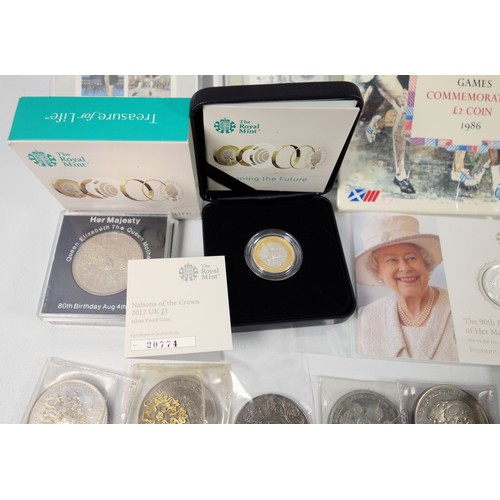 56 - Elizabeth II 90th birthday silver £20 coins, 2016, in unopened packets (2), £5’s, 1990, £2’s, 1986 (... 