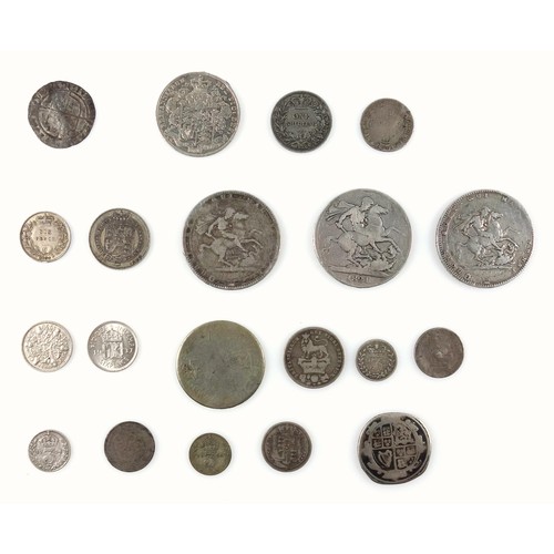 60 - Elizabeth I sixpence, 1573, George III crowns, 1819, 1820, George IV crown, 1821, half-crown, 1826, ... 