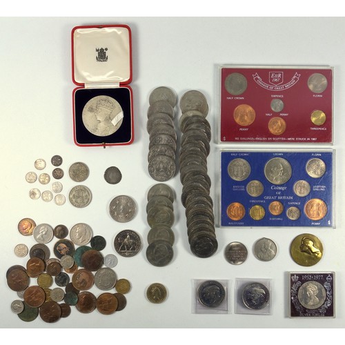 68 - George VI silver Coronation medal, 58mm, unc. but ob. discoloured, cased, 4 other medals, Elizabeth ... 