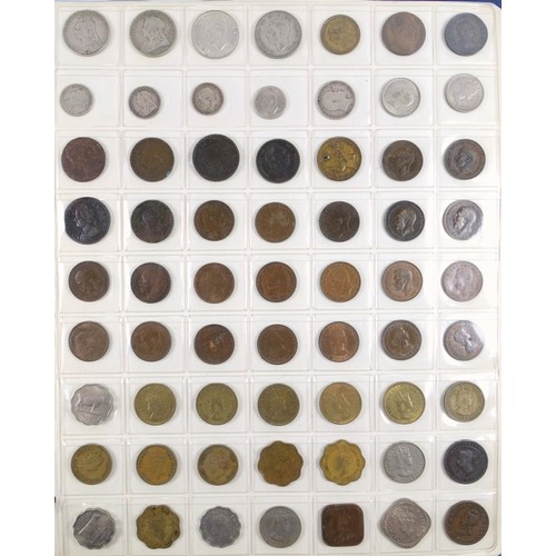 70 - Album containing 14 sheets of coins, British, Colonial and other silver and copper coins of the worl... 