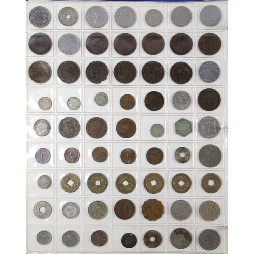 70 - Album containing 14 sheets of coins, British, Colonial and other silver and copper coins of the worl... 