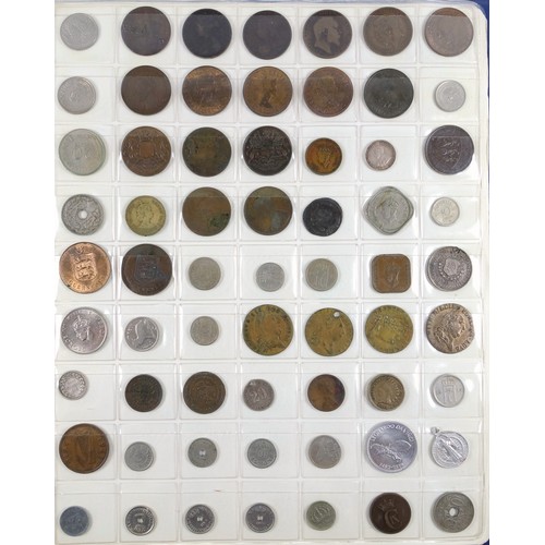 70 - Album containing 14 sheets of coins, British, Colonial and other silver and copper coins of the worl... 