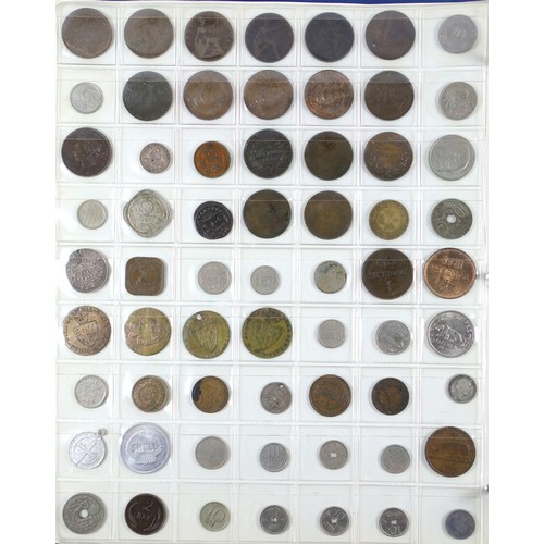 70 - Album containing 14 sheets of coins, British, Colonial and other silver and copper coins of the worl... 