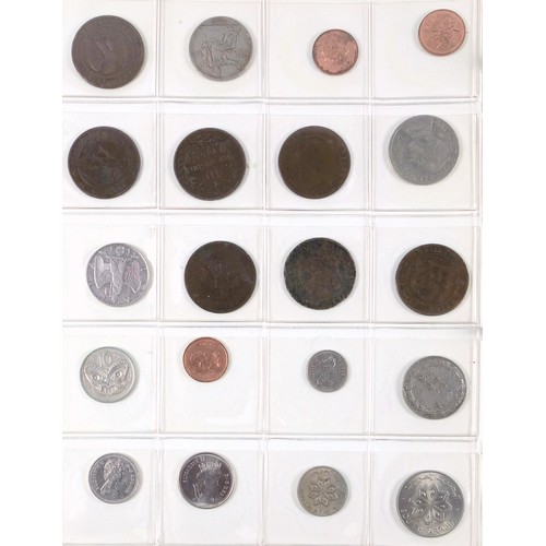 70 - Album containing 14 sheets of coins, British, Colonial and other silver and copper coins of the worl... 