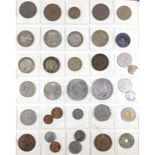 70 - Album containing 14 sheets of coins, British, Colonial and other silver and copper coins of the worl... 