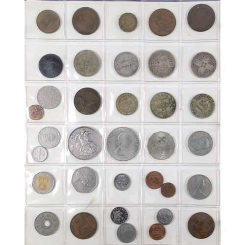 70 - Album containing 14 sheets of coins, British, Colonial and other silver and copper coins of the worl... 