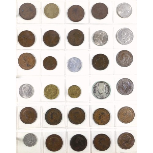 70 - Album containing 14 sheets of coins, British, Colonial and other silver and copper coins of the worl... 