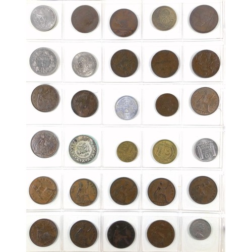 70 - Album containing 14 sheets of coins, British, Colonial and other silver and copper coins of the worl... 