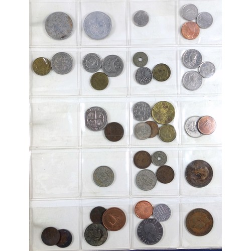 70 - Album containing 14 sheets of coins, British, Colonial and other silver and copper coins of the worl... 