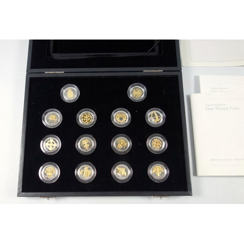 77 - Elizabeth II £1 25th Anniversary silver Proof collection with gold highlighting, 2008, with folder, ... 