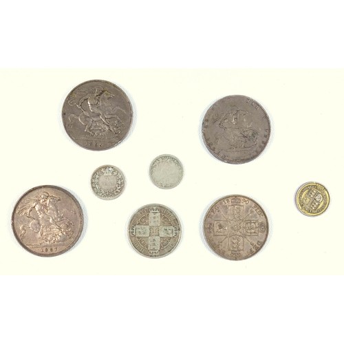 84 - George III crown, 1820, poor, Victoria crown, 1887, g.v.f, e.k., double florin. 1890, n.e.f., sticky... 