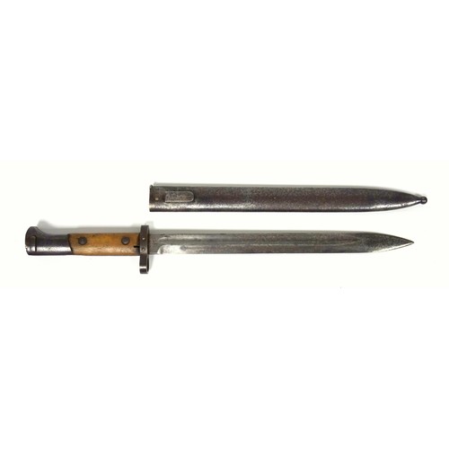 107 - World War II Czechoslovakian bayonet with a fullered steel blade and hilt with mahogany grips, in a ... 