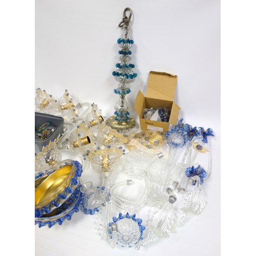 119 - Murano glass candelabrum (a/f), with three branches, other scroll branches and parts (4 boxes)