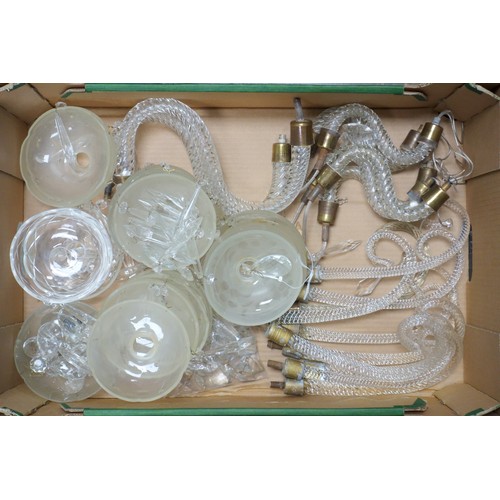 121 - Quantity of glass spiral twist scroll branches, with drip pans, drops and shades, etc. (4 boxes)