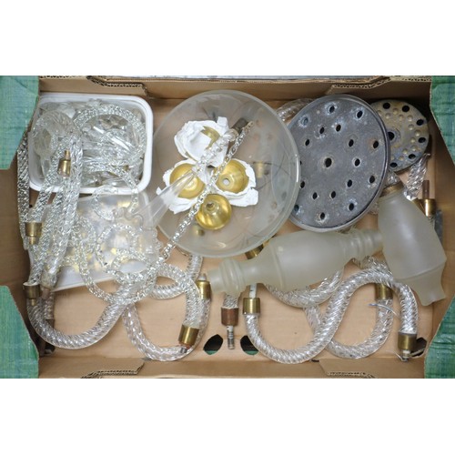 121 - Quantity of glass spiral twist scroll branches, with drip pans, drops and shades, etc. (4 boxes)