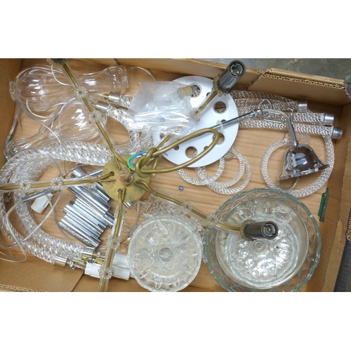 121 - Quantity of glass spiral twist scroll branches, with drip pans, drops and shades, etc. (4 boxes)