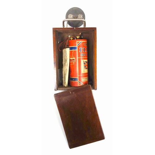 123 - Eveready adjustable carrying lamp with folding handle and “The Flag” dry cell battery, in a mahogany... 