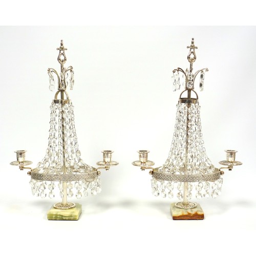 128 - Pair of silver plated two branch candelabra with faceted bead drops, H 37cm (2